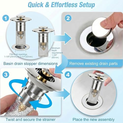 2PCS Bathroom Sink Drain Strainer, Pop-up Stopper Hair Catcher with Stainless Steel Filter Basket, Universal Replacement Drain Plug for Bathroom Sinks - Image 7
