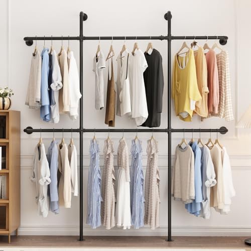 Industrial Pipe Clothing Rack Wall Mount, Black Pipe Clothes Rack with 6 Hanging Rods, Heavy Duty Pipe Clothing Rack for Laundry Room, Closet Systems for Walk in Closets by Smlttel