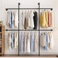 Industrial Pipe Clothing Rack Wall Mount, Black Pipe Clothes Rack with 6 Hanging Rods, Heavy Duty Pipe Clothing Rack for Laundry Room, Closet Systems for Walk in Closets by Smlttel