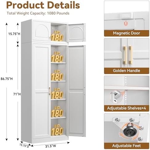 Polup Kitchen Pantry Cabinet, 86" Tall Metal Storage Cabinet with Doors - Image 3