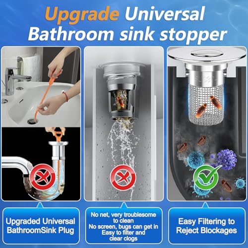 Sink Stopper Hair Catcher, Pop-up Sink Drain Strainer with Removable Stainless Steel Strainer Basket Hair Catcher,Bathroom Sink Strainer for Bathroom Sink Stopper Replacement (2, Silver) - Image 3