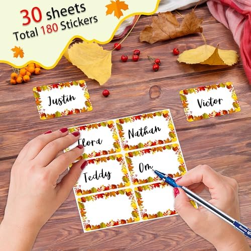 180 PCS Fall Leaves Name Tags Stickers, Thanksgiving Maple Leaves Gift Tags Stickers Name Labels for Gift Organizing Jar Holiday Supplies, 2x3 inch - Image 3