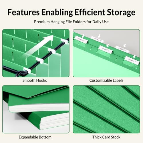 SUNEE Hanging File Folders, 25 Pack Letter Size Hanging File Folders with 1/5-Cut Tabs, Ideal for Home and Office Organization and Papers Classification,Light Green - Image 3