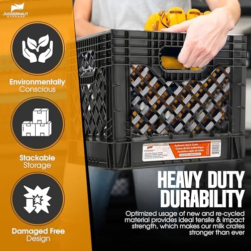 Juggernaut Storage 2-Pack Stackable Heavy Duty Milk Crates, Handles, 16 Qt - Image 4