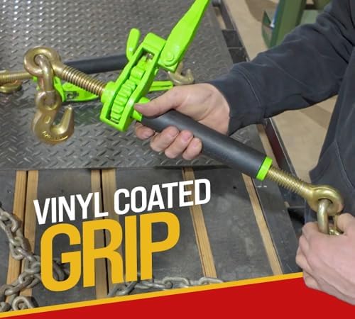 5/16" - 3/8" Hi-Viz Green Heavy Duty Folding Handle Ratchet Load Binder w/Grab Hook 7,100 lbs WLL | Tie Down Hauling Chain Binders for Flatbed Truck Trailer - Image 4
