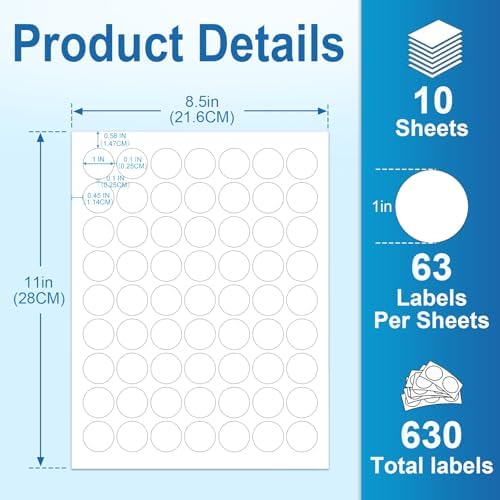 Circle Labels, 1" Round Sticker Labels for Laser&Inkjet Printers,10 Sheets, 630 Total Adhesive Labels for Price Tags, Thank You Stickers, Bottle & jar Labels, Business Logos, Pony Packaging HB-C063 - Image 2
