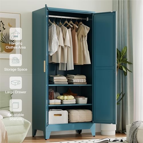 Baborokic Metal Armoire Wardrobe Closet with Hanging Rod,71H Metal Cabinet with Doors and Shelves,Bedroom Armoire Closet Organizers,Storage Cabinets for Bedroom,Office,Laundry Room(Blue) - Image 5