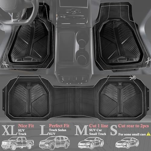 CAR PASS Heavy Duty Rubber Car Mats with Cargo Liner, Deep-Dish Car Floor Mats and Trunk Mat All Weather, Universal Trim-to-Fit for SUVs Trucks Sedans, Waterproof Anti-Slip, Trimmable V12 Black - Image 2