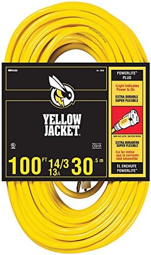 Southwire Yellow Jacket Heavy Duty Extension Cord - Outdoor Power for Tools & Equipment - Lighted End with SJTW Jacket & Three Prong Plug - 100 Foot by Yellow+Jacket