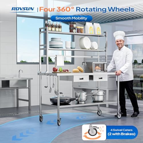 ROVSUN Stainless Steel Table with Wheels & Overshelves 48" X 24", NSF Commercial Heavy Duty Pre Table with Drawers & Adjustable Undershelf，Metal Table with Detachable Hooks for Kitchen Restaurant - Image 3