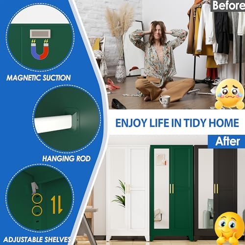 GAIOUS Metal Wardrobe Cabinet with Mirror and Hanging Rod, 71" Green - Image 4