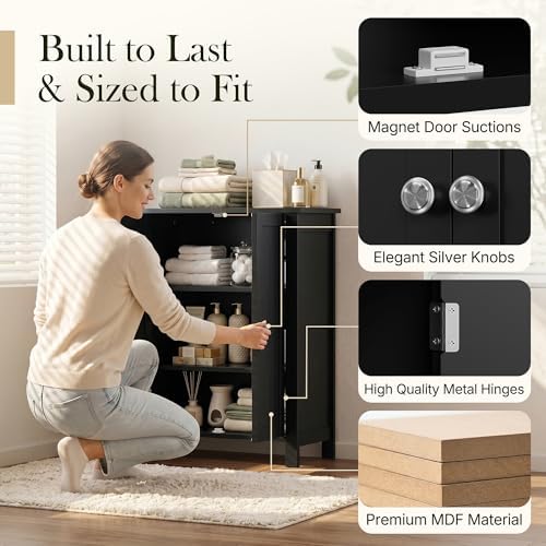 SUPER DEAL Modern Bathroom Floor Storage Cabinet with Adjustable Shelf and Double Door Rust Proof, Living Room Modern Home Furniture Storage Organizer Cabinet, Black - Image 5