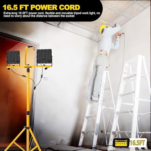 Work Lights with Stand 21000 Lumen, 2 Adjustable Heads Work Lights on Stand, with Adjustable and Foldable Tripod Light Stand for Outdoor Indoor Workshop Garage Construction Site Lighting - Image 4