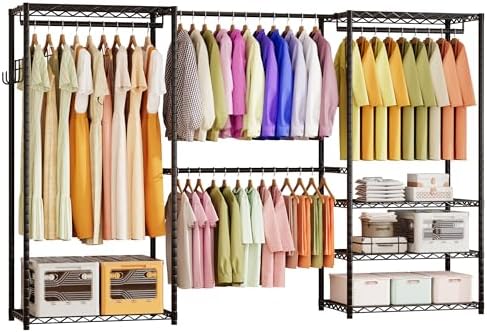 ecobedding Heavy Duty Garment Rack, 900LBS Max Load Freestanding Closet Organizer with 6 Storage Shelves & 3 Adjustable Hanging Rods, Multifunctional, Glossy Black, 15.75" D x 70-88.5" W x 76.5" H by Ecobedding