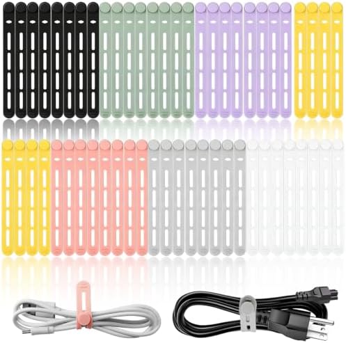 56Pcs Silicone Cable Ties Reusable, Multipurpose Cable Management Organizer, Adjustable Fastening Cable Straps with Locking Buckles, High Elasticity Cord Organizer, Travel Essentials (5.2in, 7Colors) by Unknown