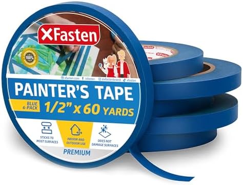 XFasten Professional Blue Painters Tape, Multi-Use, 1/2-Inch by 60-Yard, Pack of 6, Blue Tape Bulk - Sharp Edge Line Technology, Produces Sharp Lines | Residue-Free and Artisan Grade Wall Trim Tape by XFasten