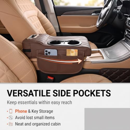 Multifunctional Car Armrest Cover, Premium PU Leather Memory Foam Center Console Cushion with Dual Cup Holders Tissue Box, Center Console Organizer Storage Pouch for Sedans SUVs Trucks (Coffee) - Image 6