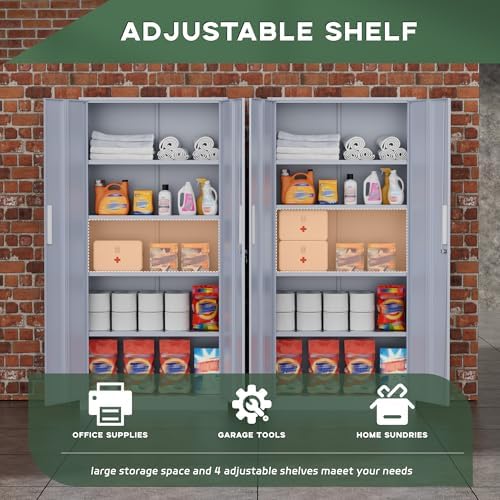 Greenvelly Metal Garage Storage Cabinet, 72” Tall Locking Steel Cabinet with 2 Doors and 4 Adjustable Shelves, Utility Metal Filing Cabinet with Lock for Home, Office, Garage, School (Dark Grey) - Image 4