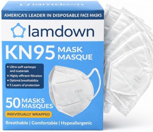 (50-Pack) KN95 Face Masks, Individually Wrapped, Premium Disposable Dust Mask, White by Lamdown