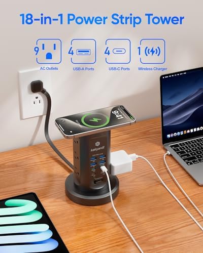 Power Strip Tower, kakyanill PD 65W Charging Station 9 AC Outlets 8 USB - Image 3