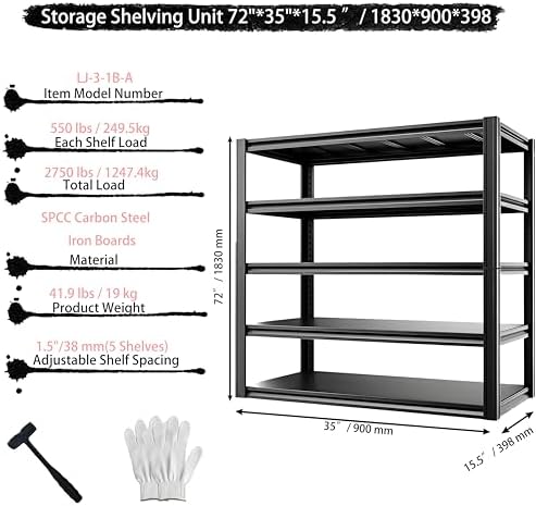 5-Tier Heavy Duty Garage Shelving, 2,750 lbs Capacity Adjustable Metal Storage Shelving Unit for Garage, Basement, Warehouse and Workshop, 35" W x 15.5" D x 72" H - Image 3