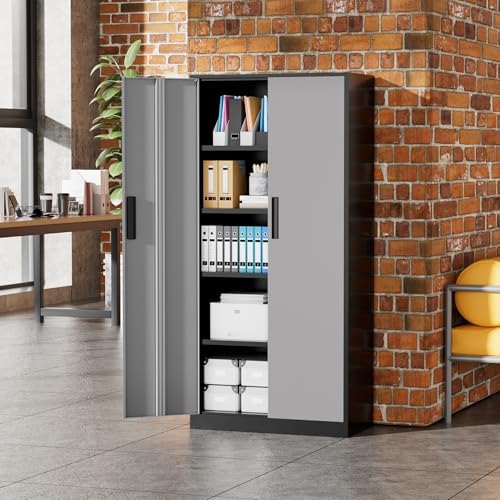 Greenvelly Metal Garage Storage Cabinet, 72" Black Gray Tool Steel Locking Cabinet with Doors and 4 Shelves, Tall Cabinets for Garage Storage Systems Lockable File Cabinet for Home Office,Garage - Image 2