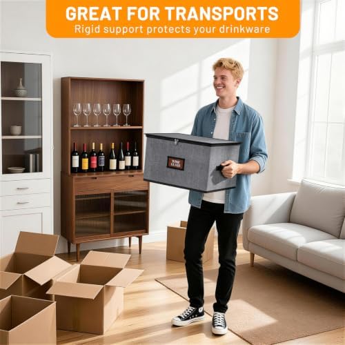 MISSLO Stackable Wine Glass Storage Box with Dividers Hard Shell Stemware Storage Containers for 12 China Crystal Glasses Drinkware, Moving Supplies, Grey - Image 5