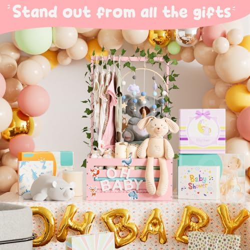 Large Baby Shower Gifts Basket Wooden Crate, Personalized Wooden Letters Hangers New Born Baby Girl Boy Pregnancy Gifts for New Mom Parents Vine Decorations Cute Closet with Adjustable Handle Pink - Image 4