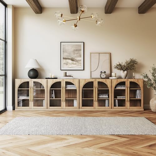 BELLEZE Set of 2 65" Arched Sideboard with Glass Door, Accent Buffet Cabinet with Storage and Adjustable Shelves, Classic Modern Large Console Sideboard for Living Room Kitchen Entryway (Camel) - Image 5