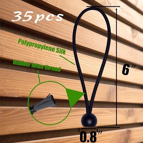 Bungee Cords with Balls 35PCS, 6 Inch Heavy Duty Ball Bungees for Canopy Tarp, Tent, Outdoor, Black Elastic Ties for Secure Hold – No Odor, Durable, UV Resistant (35, B6) - Image 2