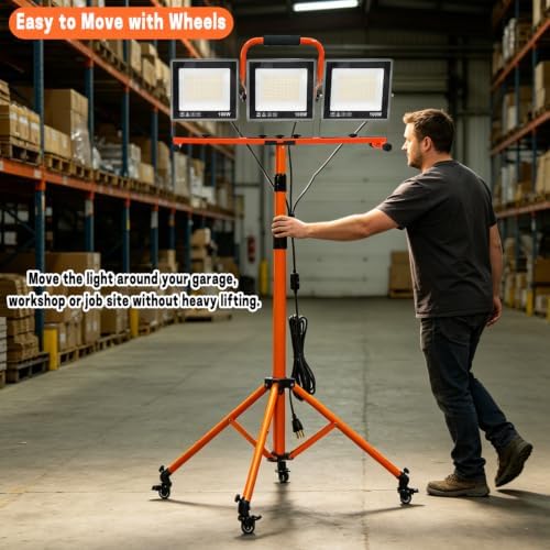 30000LM LED Work Light with Stand and Wheels 3-Head Dimmable for Garage Workshop IP66 - Image 5