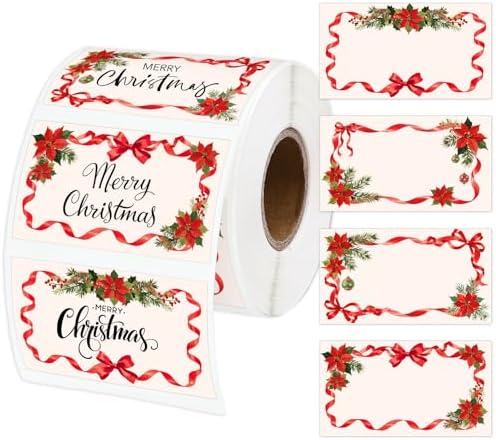 Whaline Christmas Floral Direct Thermal Labels Stickers Red Bow Poinsettia Flower Rectangle Self-Adhesive Printer Decals for Xmas DIY Candle Name Tag Logo Design, 500 Pcs by Whaline