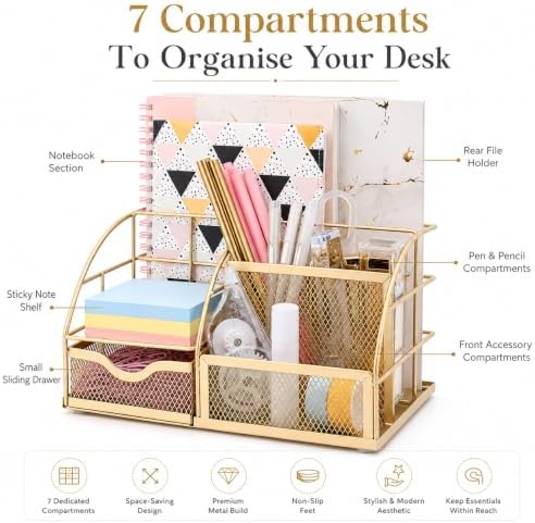 Exerz Desk Organizer Metal Mesh 7 Compartments Office Tidy Caddy Gold - Image 3