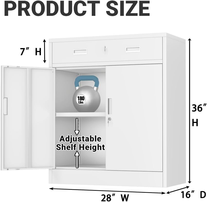 CJF Metal Storage Cabinet, Locking Storage Cabinet with 1 Drawer and Adjustable Shelf, 36" H x 28" W x 16" D White Metal Cabinets for Office, Home, Garage - Image 3
