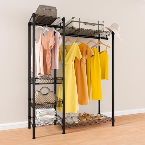 Xiofio 6 Tiers Heavy Duty Clothes Rack,Metal Clothing Rack, Adjustable Clothing Rack with Hanging Rod and Wire Fixing Baskets,Max Load 600LBS,Black - Image 2