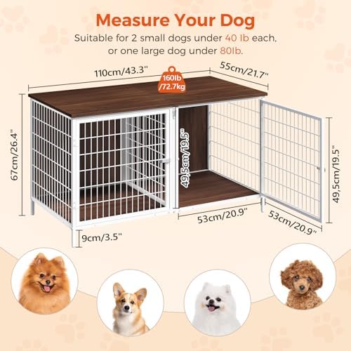 MAHANCRIS Dog Crate Furniture for 2 Dogs, 43.3" Dog Kennel with Removable Divider, Heavy Sturdy Dog Furniture Style Double Cage for Small Medium Dogs, Indoor Pet House End Table, White and Walnut - Image 3