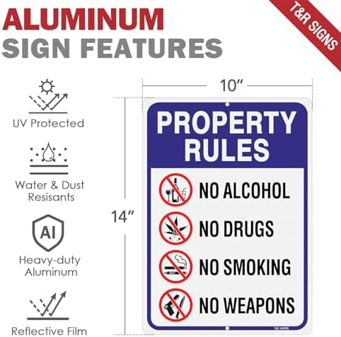 T&R Large Property Rules Sign No Alcohol No Drugs No Smoking No Weapons Sign - 14 x 10 Inches Rust Free .040 Aluminum Reflective - UV Protected, Waterproof and Fade Resistant - 6 Pre-drilled Holes - Image 2