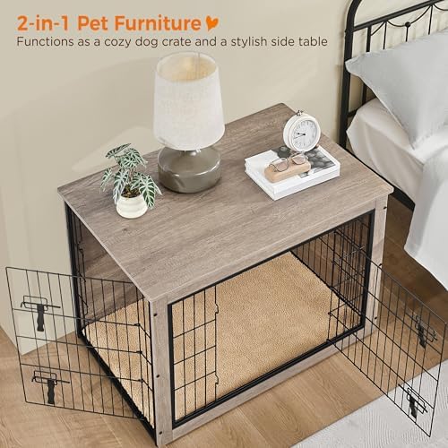 Yaheetech 38in Wooden Dog Crate Furniture w/Cushion for Medium Dogs, Gray - Image 2