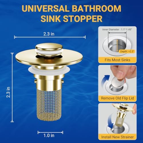 Bathroom Sink Drain Strainer, Pop-Up Bathroom Sink Stopper with Removable Stainless Steel Hair Catcher Basket, Universal Fit for US Bathroom Sinks, Showers & Floor Drains (2pcs-Gold) - Image 2