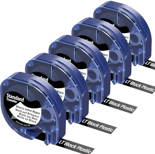 5-PK Black Label Tape Replace for Dymo Letratag Refills White on Black 12mm by AONOMI