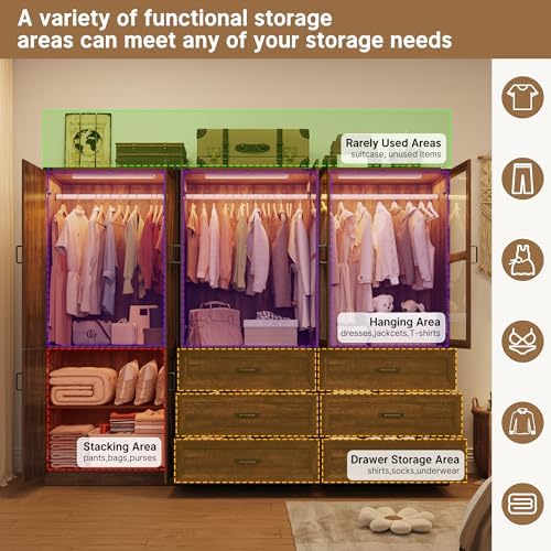 Hlivelood 75" Tall Farmhouse 6 Doors Armoire Wardrobe Closet with 6 Drawers and LED,Freestanding Closet Wardrobe Cabinet for Bedroom with Hanging Rod,Wooden Armoire Storage Cabinet(Brown 6 Doors 2) - Image 5