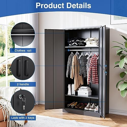 BYNSOE Metal Armoire Wardrobe Closet with 2 Doors 72'' Wardrobe Cabinet with Hanging Rail Metal Closet with Adjustable Shelves for Bedroom Furniture.Require Assembly - Image 6