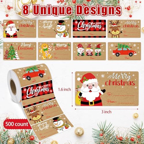 500 PCS Vintage Christmas Gift Tags,Christmas Name Tags Stickers Roll, Self-Adhesive Christmas Labels for Presents Boxes, Gift Bags,Xmas Holiday Wrapping Paper Christmas Decorations - Image 2