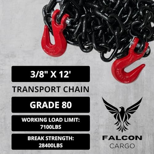 3/8" X 12' Grade 80 Transport Binder Chain - 7,100 LBS WLL - Clevis Grab Hook, Tie-Down, Towing - Image 2
