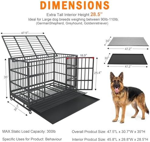 BOLDBONE 48 inch Heavy Duty Indestructible and Escape-Proof Dog Crate Cage Kennel for Large Dogs, High Anxiety Dog Crate with Removable Wire Trays and Wheels, Extra Large XL XXL, Black - Image 6