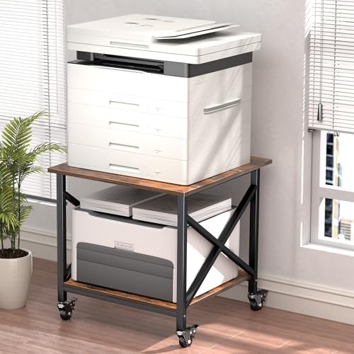 Printer Stand, 23.6 x 23.6 Inches Large Printer Stand with Storage Shelf, 2 Tier Printer Table for Home Office, Rolling Printer Cart with Industrial Wheels, Mini Fridge Stand Table, Vintage Brown - Image 2