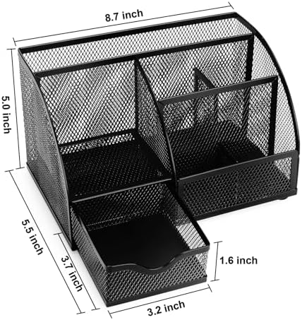 Comix Mesh Pen Pencil Holder Desk Organizer, 7 Compartment Wire Desktop Pen Pencil Cup Caddy Office Supplies for Home Office School, Black - Image 2