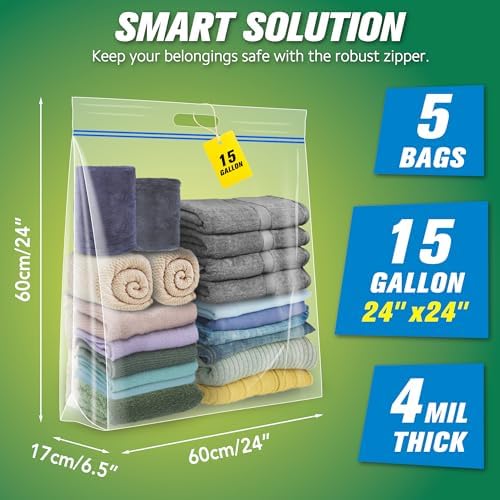HIBAG 15 Gallon Large Storage Bags, 24” x 24” Resealable Clear Bags with Handle, Extra Large XL Heavy Duty for Clothes Pillow Travel Moving, Pack of 5 - Image 2