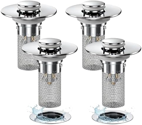4Pack Bathroom Sink Drainer Hair Catcher, Pop Up Sink Drain Stopper with Filter Basket, Universal Drain Plug for Sink Drain, Stainless Steel Sink Drain Cover with Basket for Bathroom Stopper by Unknown