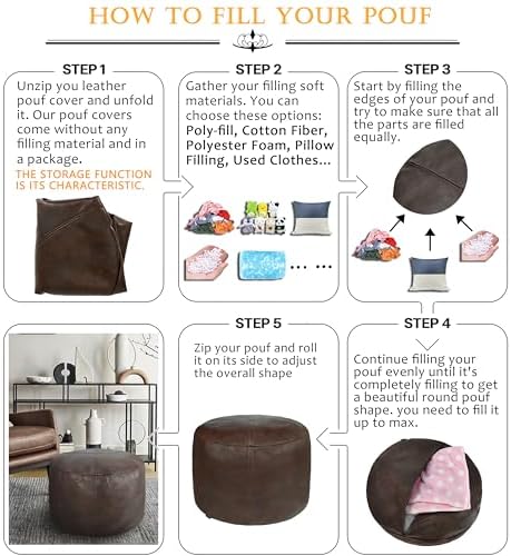 Thgonwid Unstuffed Faux Leather Pouf Cover, Handmade Footstool Ottoman Storage Solution, Floor Footrest Cushion - 16.5”Dx12”H, Matte Coffee - Image 6